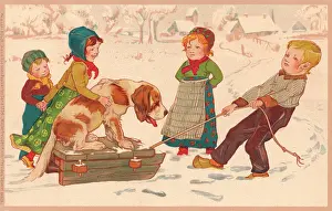 Tugging: Children with a dog on a sledge