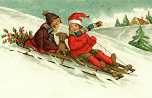 Sledging: Children and dog sledging at Christmas