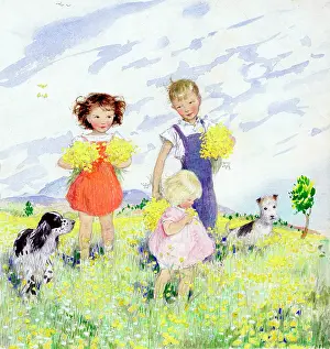 Buttercup: Three Children and Two Dogs in a buttercup field