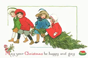 Dragging: Children dragging home a Christmas tree