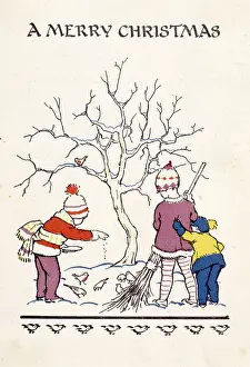 Brooms: Three children feeding birds under a tree