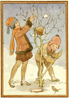 Coconuts: Two children feeding the birds in winter