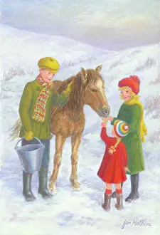 Mathias: Three children feeding a pony in the snow