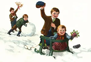Coldness: children, going by sledge, Germany, circa 1929
