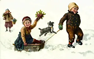 Coldness: children, going by sledge, Germany, circa 1929