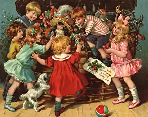 Excited: Children with Huge Christmas Basket