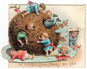Demolishing: Children with large pudding on a Christmas card