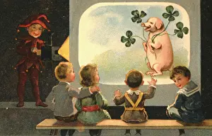 Projected: Children looking at a pig projected onto a screen