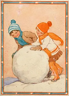 Snowballs: Two children making a huge snowball