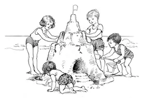 Four children making sand castle
