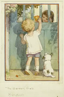 Children passing marigolds through gate with dog