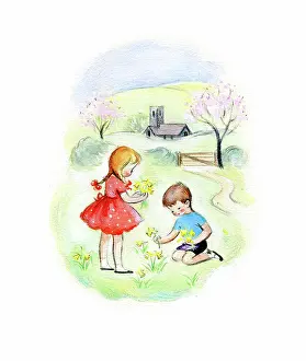Kris: Two children picking daffodils