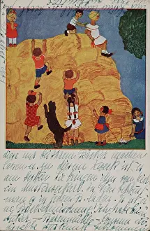 Haystacks: Children play on a haystack