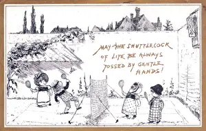 Tossed: Children playing badminton on a greetings card