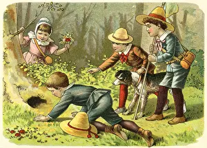 Playmates: children, playing in the forest, Germany, circa