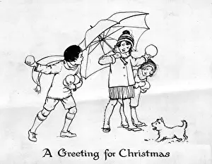 Snowballs: Three children playing snowballs