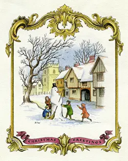 Snowscene: Children playing with snowman