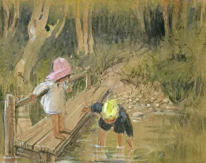 Sunhat: Two children playing in a stream by Muriel Dawson