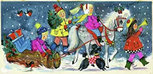 Dragging: Four children and poodle with log in the snow