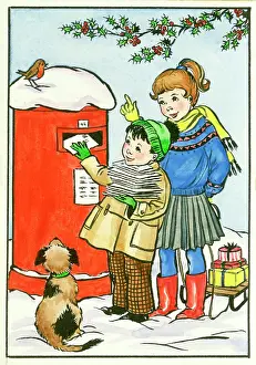 Posting: Two children posting Christmas cards