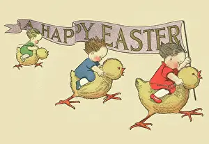 Chicks: Children riding on little chicks at Easter