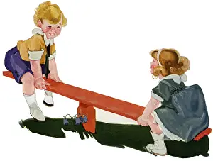 Playtime Nostalgia Illustration: Two children on a seesaw