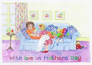 Children serving tea to mother on sofa