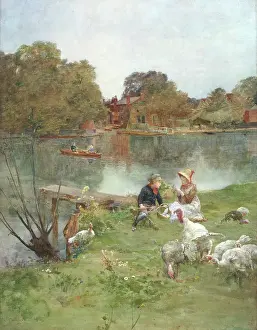 Turkeys: Children sitting by a lake with turkeys