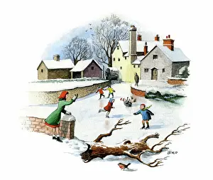 Biro: Children skating on the ice by a water mill