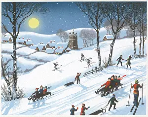 Tobogganing: Children skiing and tobogganing