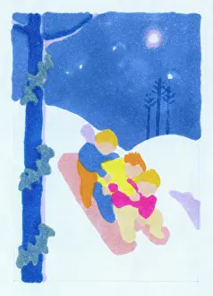 Sledging: Three Children Sledging - with fir trees in distance