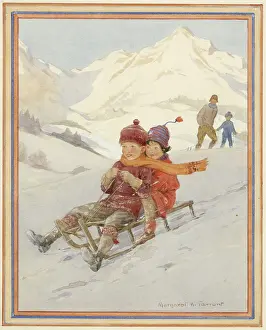 Sledging: Children sledging down a mountain