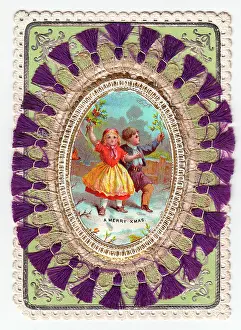 Tasseled: Two children in the snow on a Christmas card