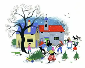 Children in the snow with Christmas tree