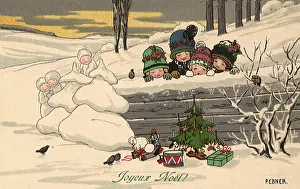Yule: Children in Snow looking at Toys