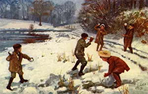 Playtime Nostalgia Illustration: Children snowballing
