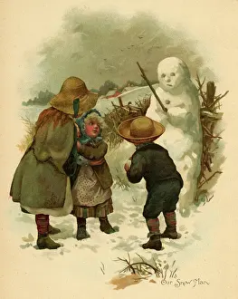 Snowman: Three children with a snowman