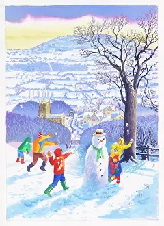 Snowballing: Five children by a snowman snowballing
