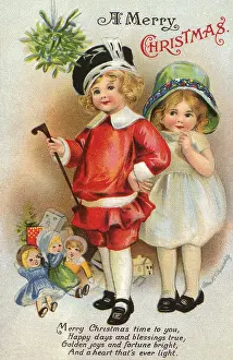 Coyly: Two Children Standing Under Mistletoe