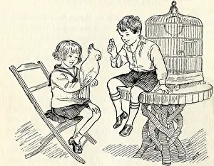 Parrots: Two children teach a parrot to speak