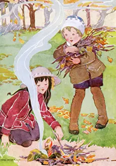 Knelt: Two children tend to a fire