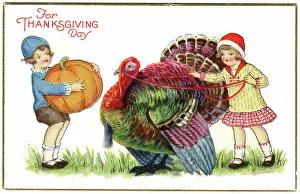 Plump: Two children with Thanksgiving Turkey and pumpkin