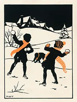 Snowballs: Three children throwing snowballs