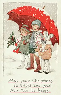 Brolly: Children under an umbrella in the snow