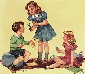 Pens: Children using scissors and coloring pens