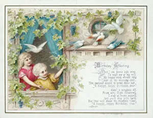 Children at window & doves on a ledge