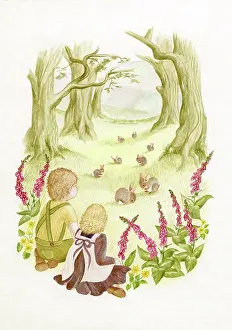 The Medici Society Ltd.: Two children in a wood looking at rabbits