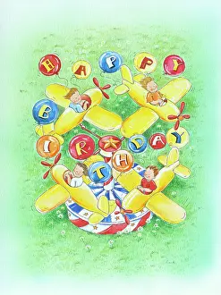 Roundabout: Four children in four yellow aeroplanes