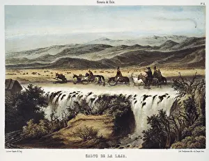 Flagstone: Chile (1854). Falls of Laja river. Litography