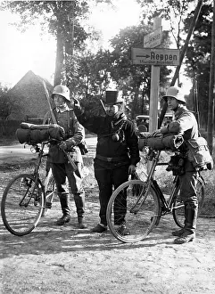 Sweeper: A chimney sweeper shows the way to two soldiers
